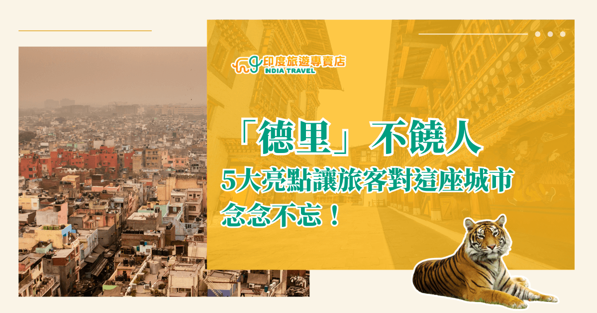 這張圖片結合德里老城區密集建築與傳統宮殿元素，左半部呈現城市街區的真實風貌，右側則加入金黃色濾鏡與傳統建築背景，強調文化層次與異國氛圍。主標題「德里不饒人」以鮮明藍綠字體呈現，吸睛又具記憶點，副標題點出五大精彩亮點，吸引旅人深入探索這座混亂中蘊藏魅力的城市。右下角坐姿孟加拉虎則象徵印度精神與野性視覺印象。