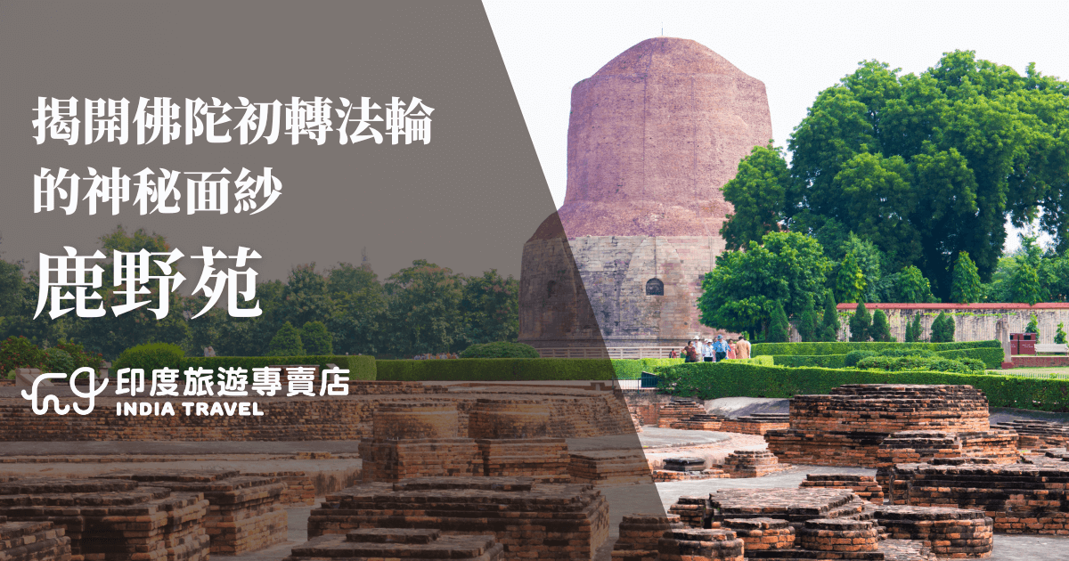 這張圖片呈現的是印度鹿野苑（Sarnath）著名的達美克佛塔（Dhamek Stupa），搭配簡潔文字設計與品牌識別，右側佛塔與綠樹交映、畫面乾淨，左側區塊以深色透明遮罩凸顯文字。整體風格沈穩莊嚴。