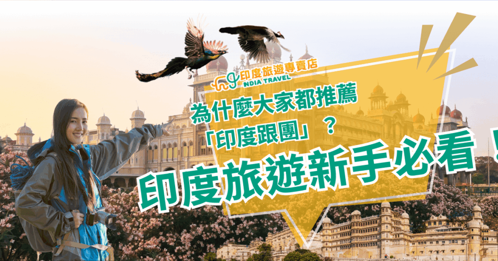 圖片以印度宮殿為背景，前景是一位背包客微笑指向遠方，象徵「新手安心跟團」的旅行氛圍。天空中飛翔的孔雀增添印度文化意象。中央以大字標題寫著「為什麼大家都推薦『印度跟團』？印度旅遊新手必看！」，主題鮮明，傳達出對初次造訪印度旅遊者的強烈吸引力。上方附有「印度旅遊專賣店 India Travel」標誌，建立品牌專業度。