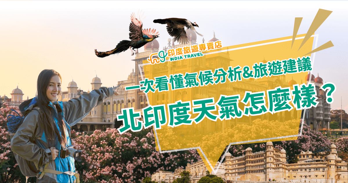 圖片背景為北印度壯麗的宮殿與盛開的花海，前景是一位穿著防風外套、背著相機包的女遊客，露出開心笑容並指向景色。畫面上方飛翔著兩隻色彩鮮豔的孔雀，增添異國風情。右側黃色透明框中以綠白字體顯示「一次看懂氣候分析&旅遊建議 北印度天氣怎麼樣？」字樣，突顯主題並帶有旅遊攻略氛圍。