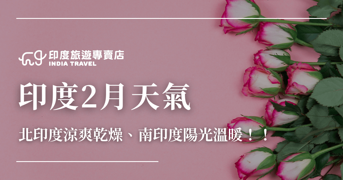 這張圖片為印度旅遊專賣店（India Travel）設計的文章封面圖，主題為「印度2月天氣」。背景以粉色為主調，右側排列數束粉白玫瑰，營造溫暖柔和氛圍。主標題「印度2月天氣」字體清晰醒目，下方副標語「北印度涼爽乾燥、南印度陽光溫暖！」簡明地呈現當月天氣特徵，整體視覺兼具旅遊資訊性與溫馨氣息。